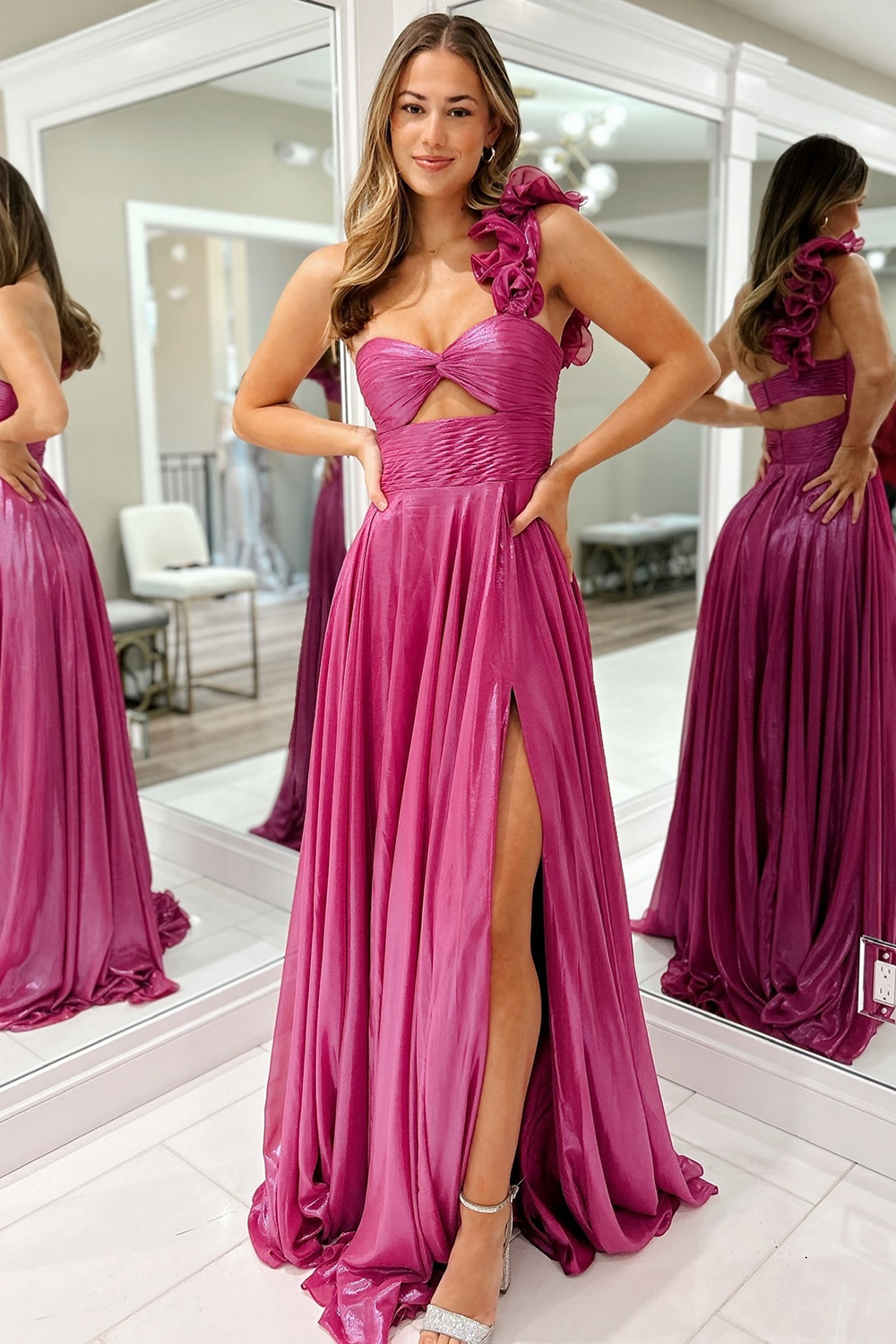 Fuchsia One Shoulder Metallic A-Line Long Prom Dress with Slit