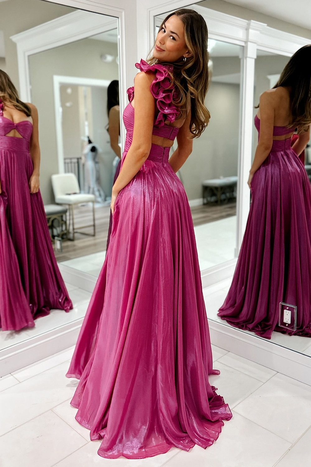 Fuchsia One Shoulder Metallic A-Line Long Prom Dress with Slit
