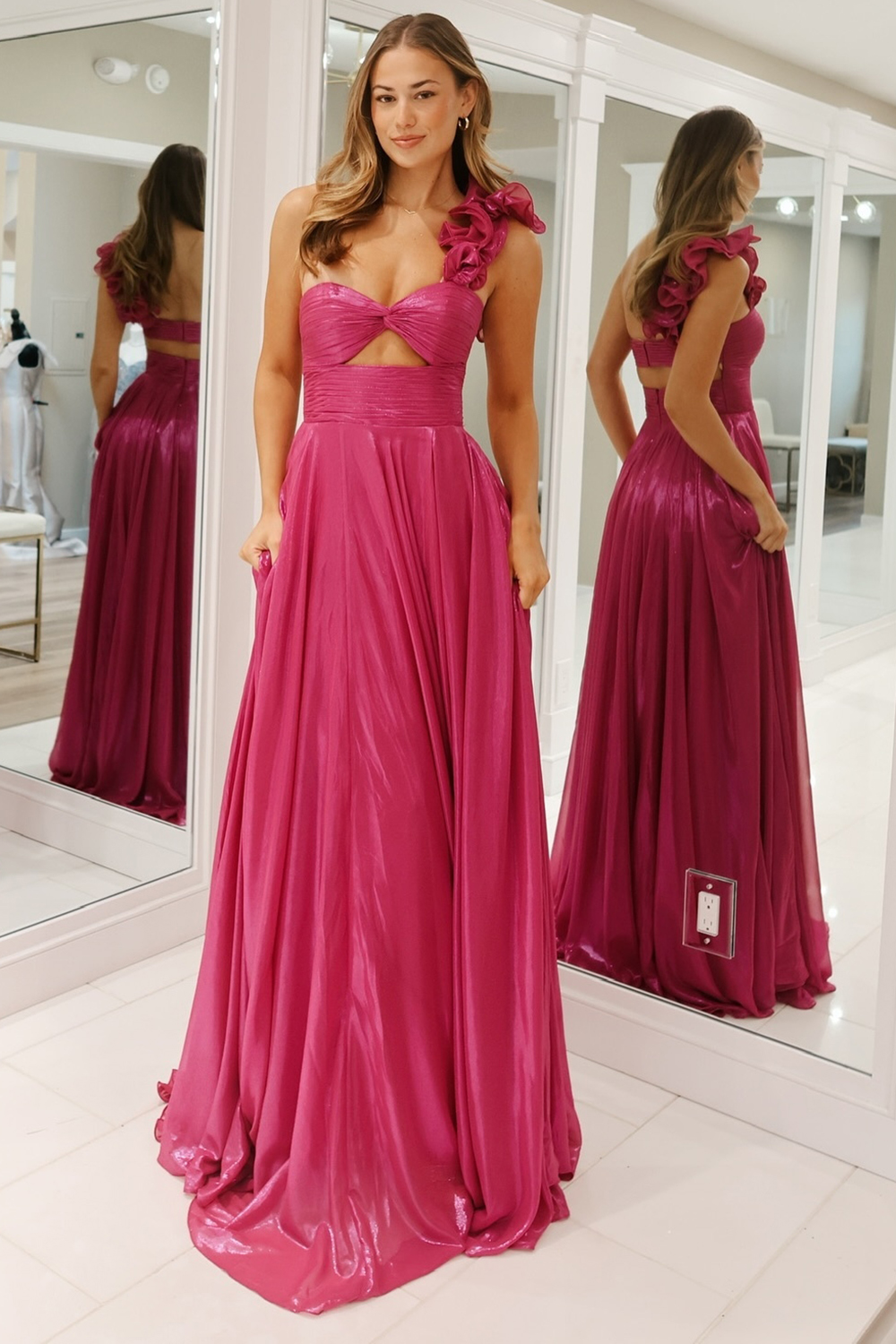 Fuchsia One Shoulder Metallic A-Line Long Prom Dress with Slit