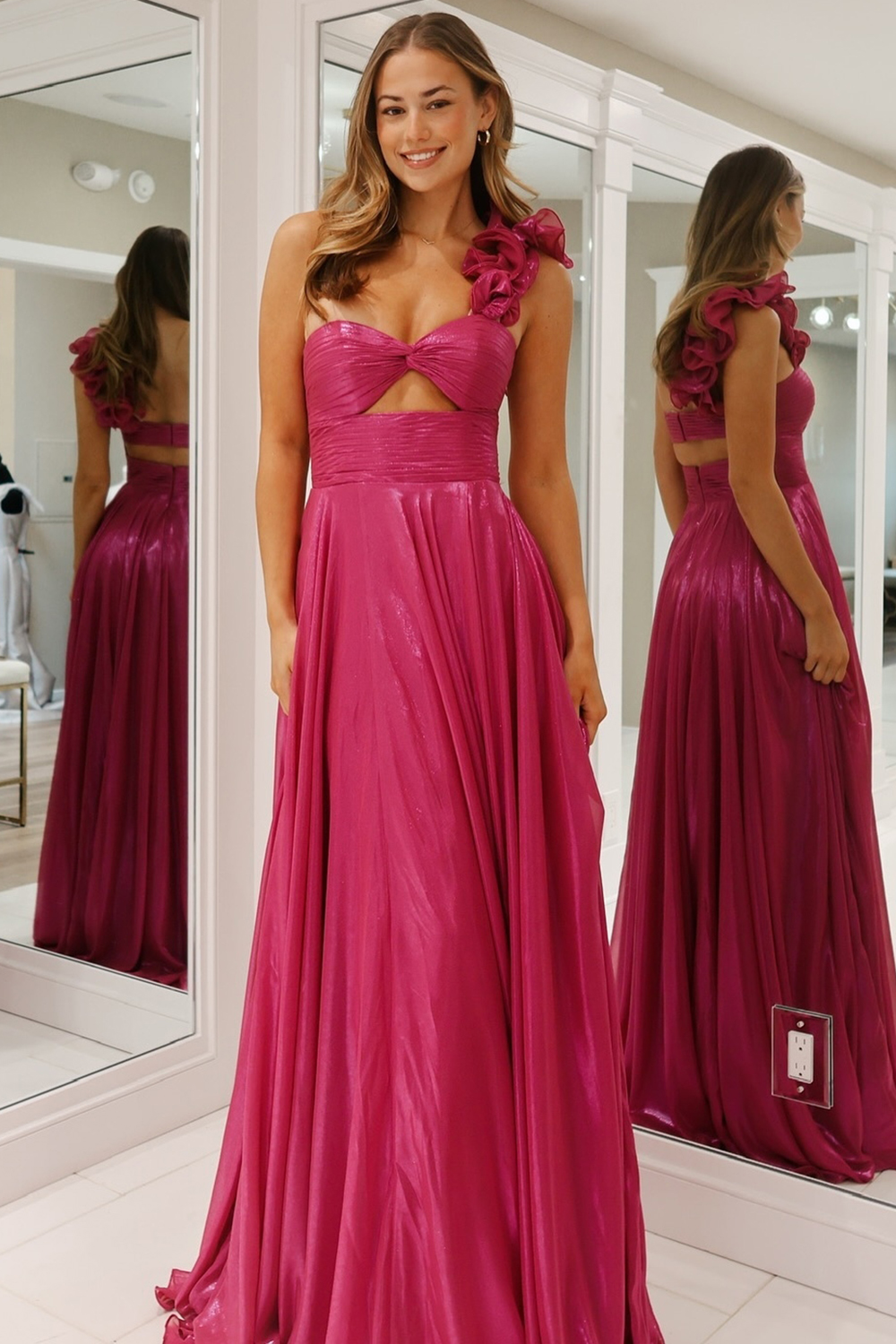 Fuchsia One Shoulder Metallic A-Line Long Prom Dress with Slit