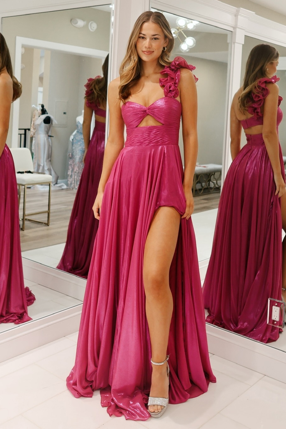 Fuchsia One Shoulder Metallic A-Line Long Prom Dress with Slit