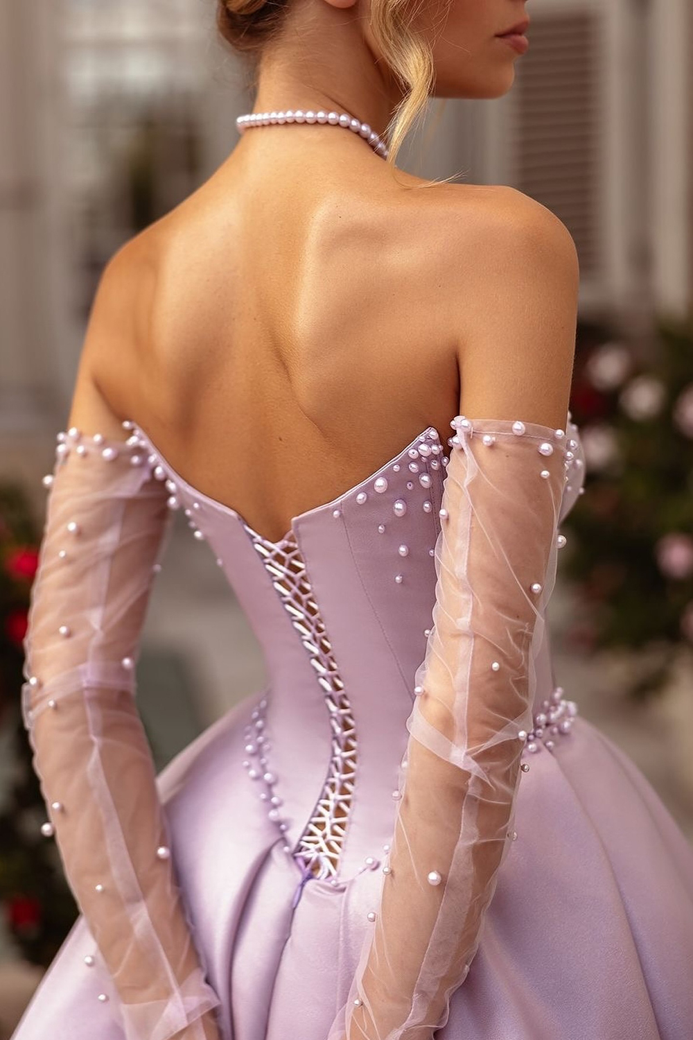 Lilac Sweetheart Satin A-Line Long Corset Prom Dress with Slit (Gloves are not Included)