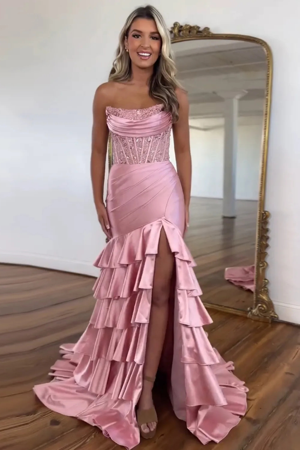 Blush Strapless Mermaid Satin Tiered Long Prom Dress with Sequins