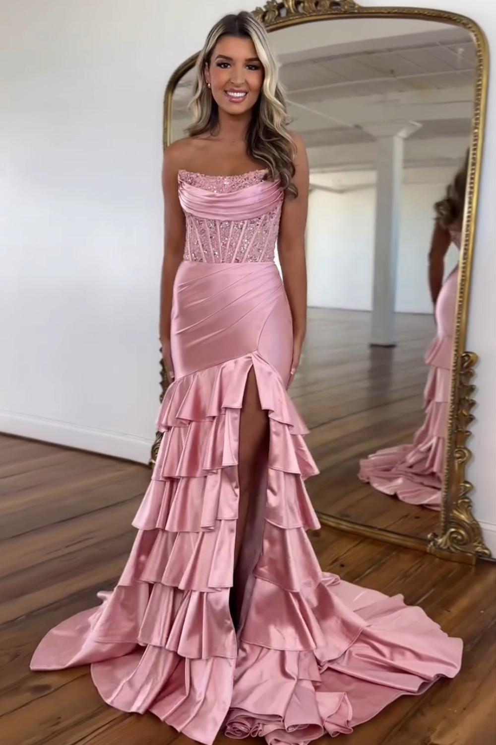 Blush Strapless Mermaid Satin Tiered Long Prom Dress with Sequins
