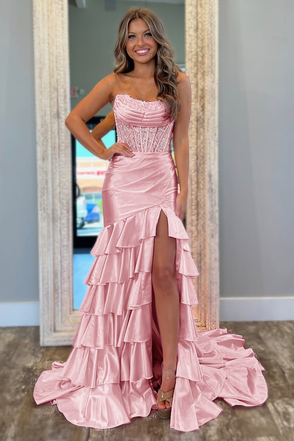 Glitter Blush Strapless Mermaid Satin Long Ruffled Prom Dress with Sequins