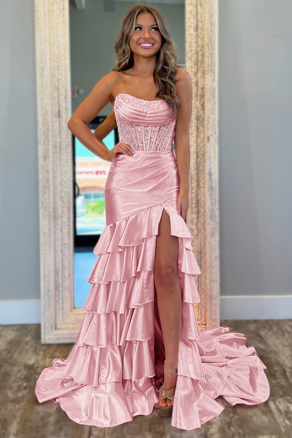 Glitter Blush Strapless Mermaid Satin Long Ruffled Prom Dress with Sequins