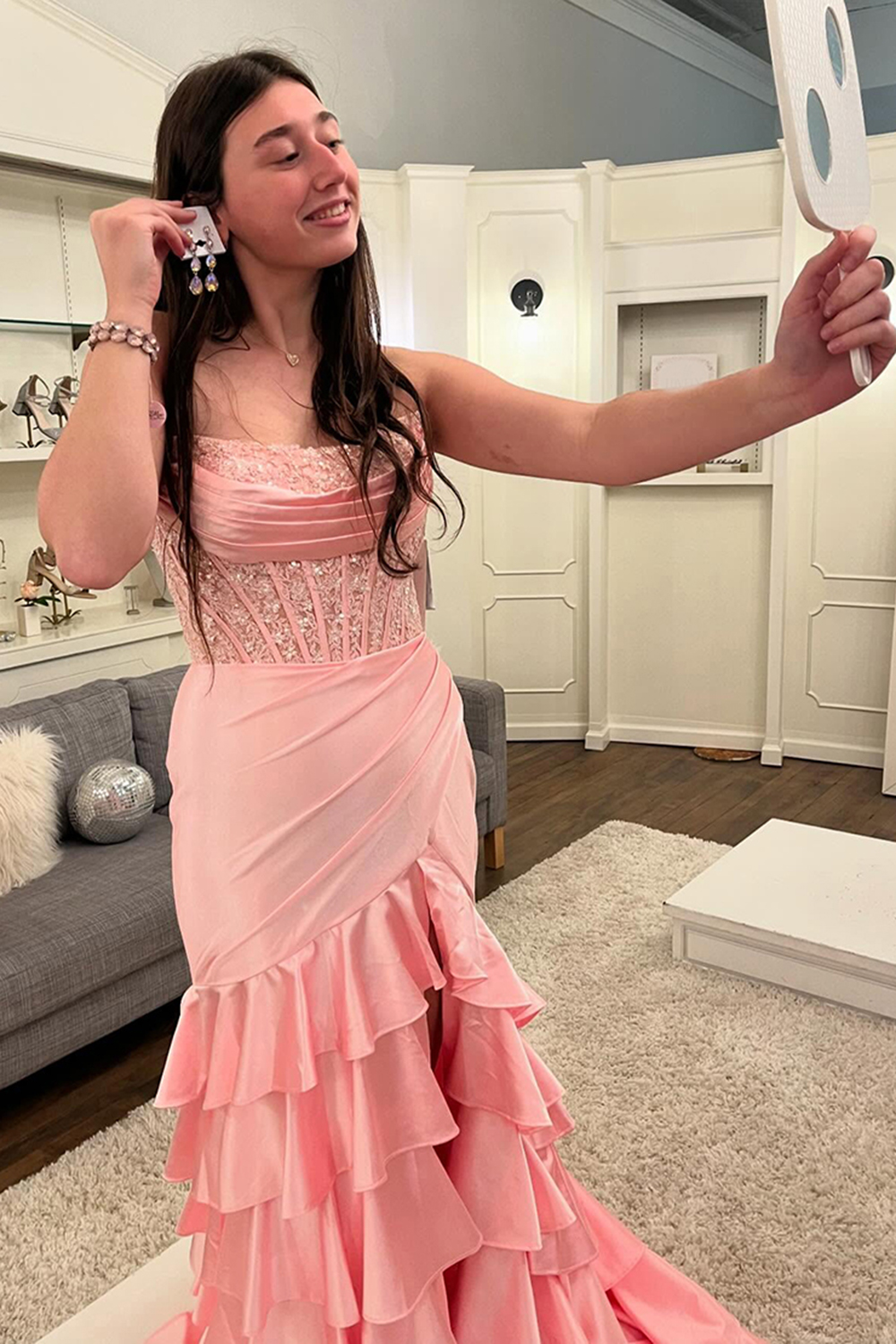 Glitter Blush Strapless Mermaid Satin Long Ruffled Prom Dress with Sequins