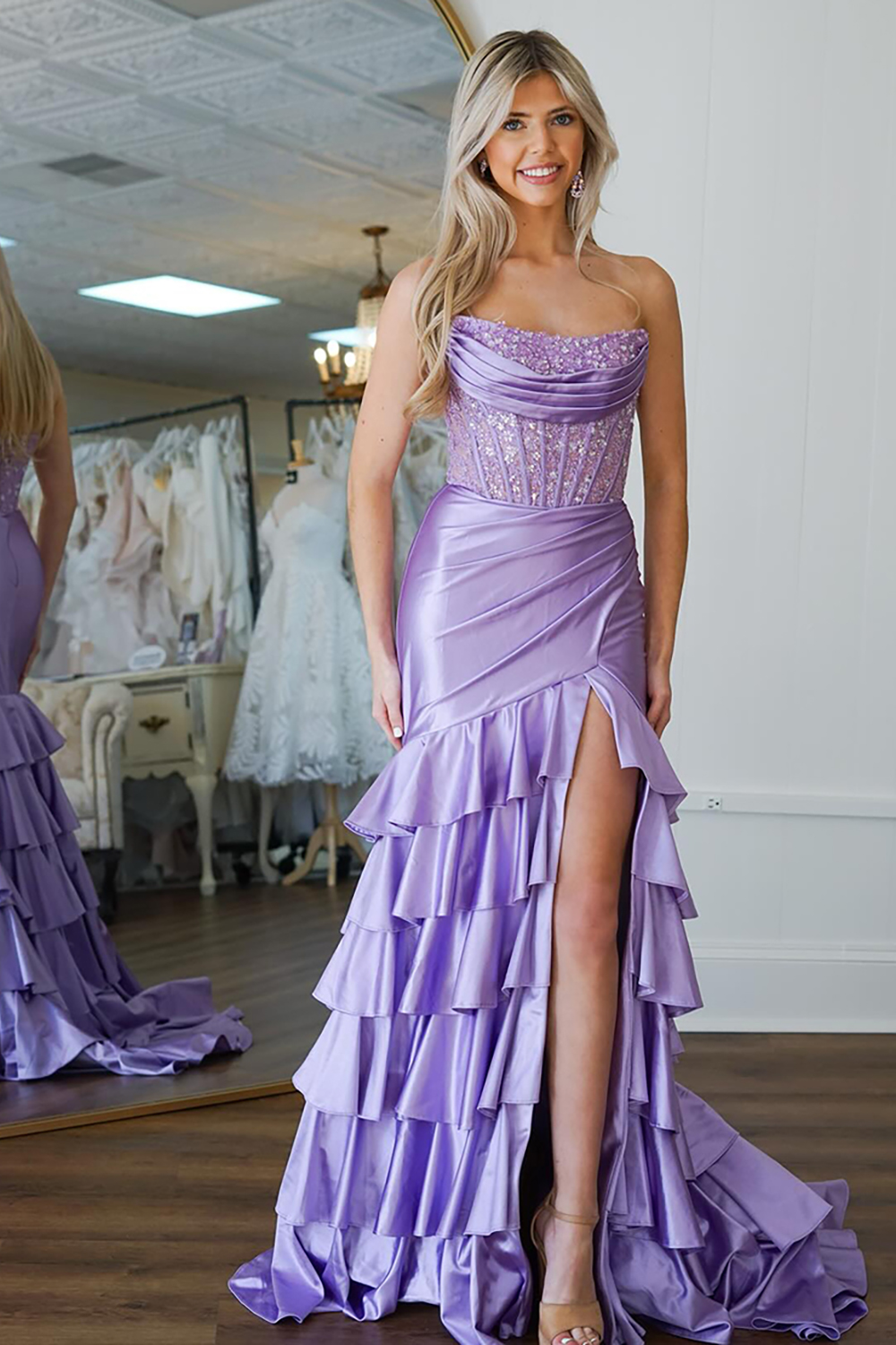 Lilac Strapless Mermaid Tiered Long Satin Prom Dress with Slit