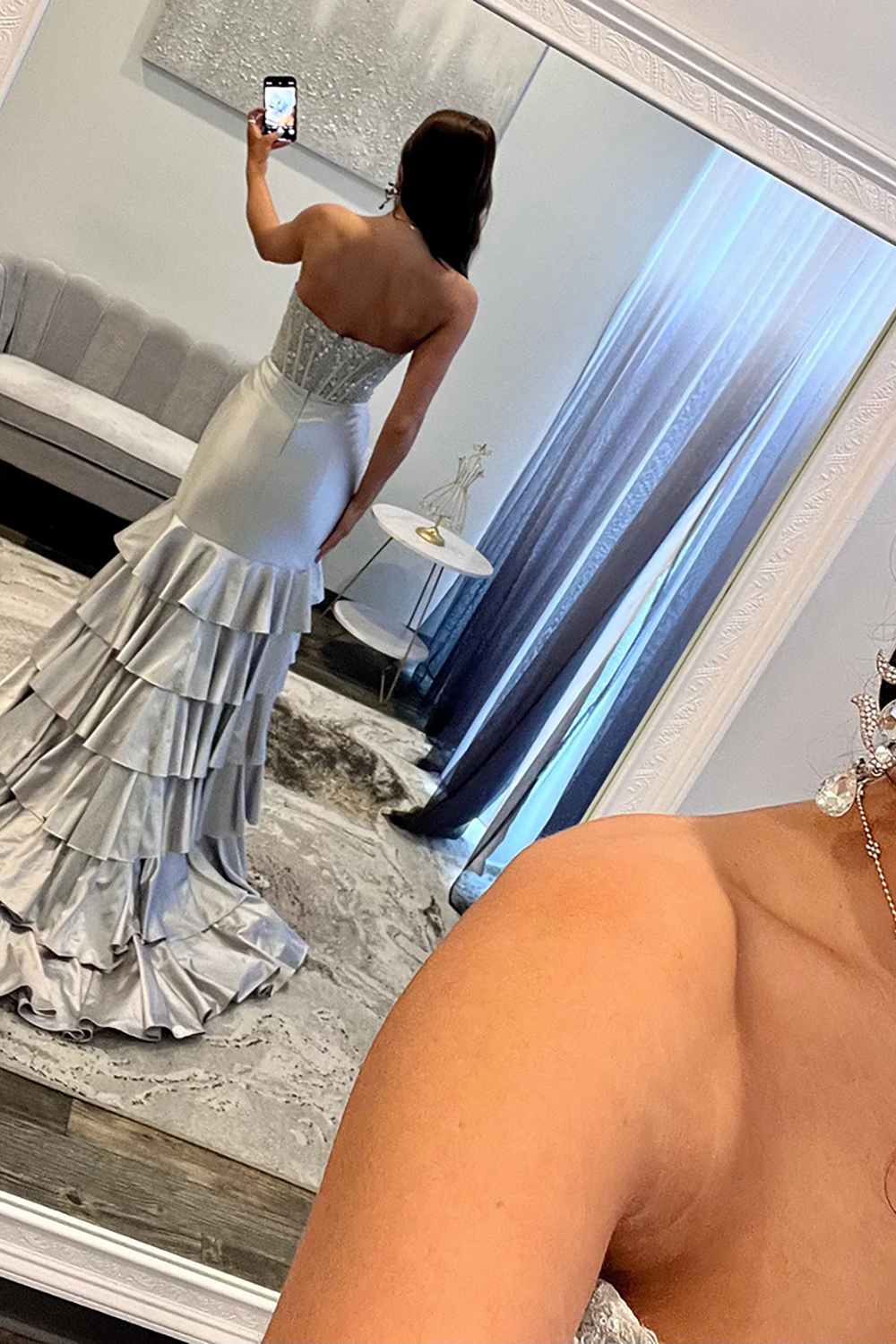 Glitter Blush Strapless Mermaid Satin Long Ruffled Prom Dress with Sequins