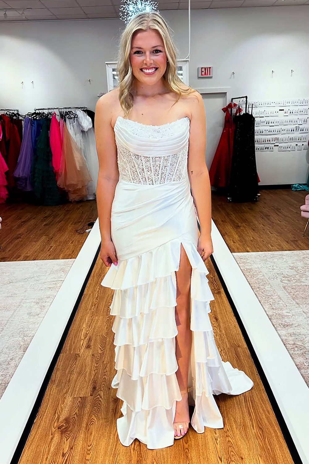 Glitter Blush Strapless Mermaid Satin Long Ruffled Prom Dress with Sequins