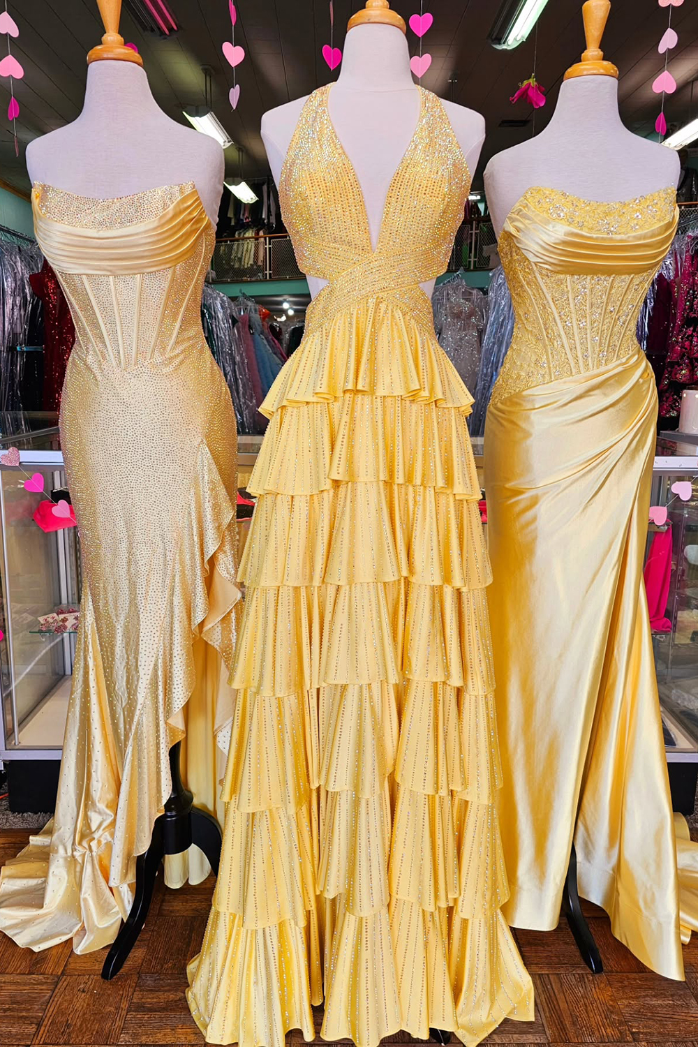 Blush Strapless Mermaid Satin Tiered Long Prom Dress with Sequins