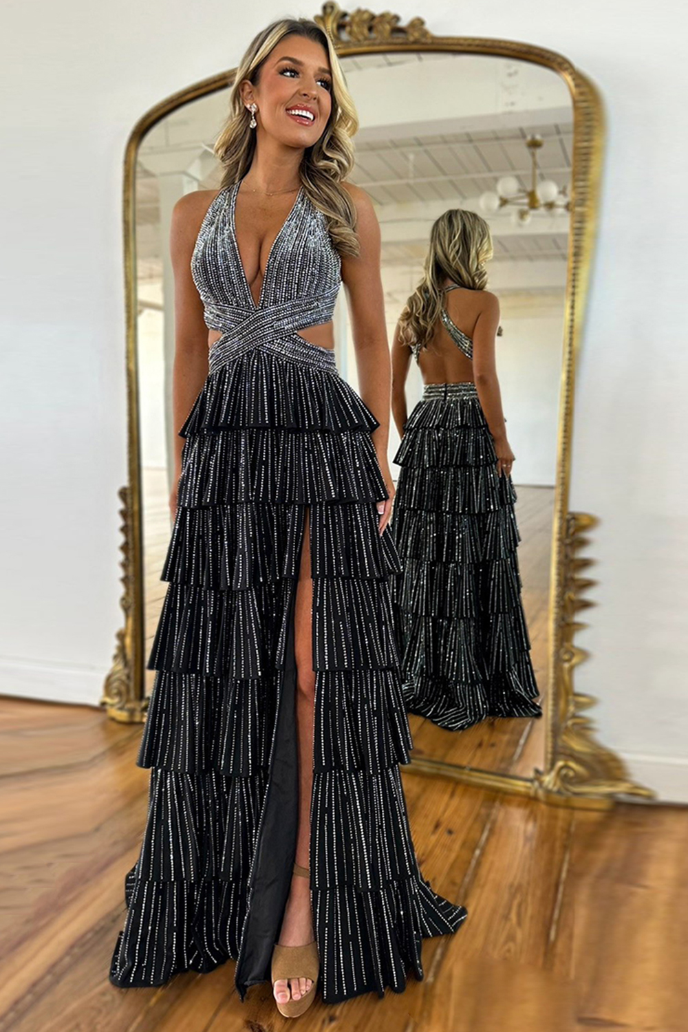 Sparkly Emerald Green Corset A Line Tiered Beaded Prom Dress with Slit
