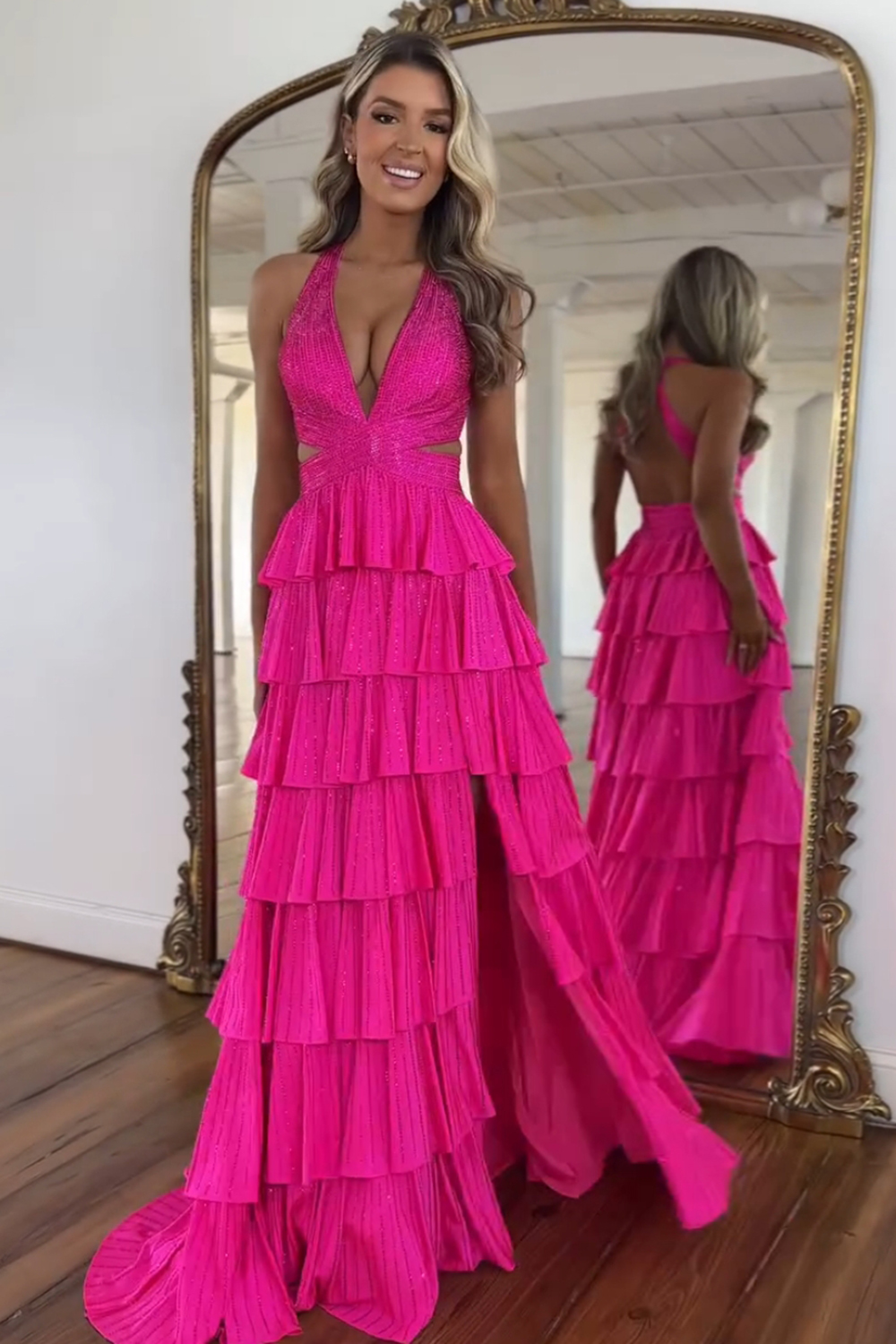 Fuchsia Halter Neck A-Line Beaded Tiered Long Corset Prom Dress with Slit