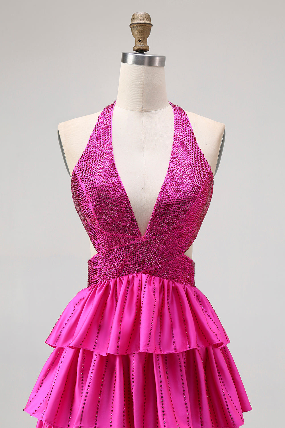 Sparkly Fuchsia Halter A-Line Long Ruffled Pageant Dress with Beading
