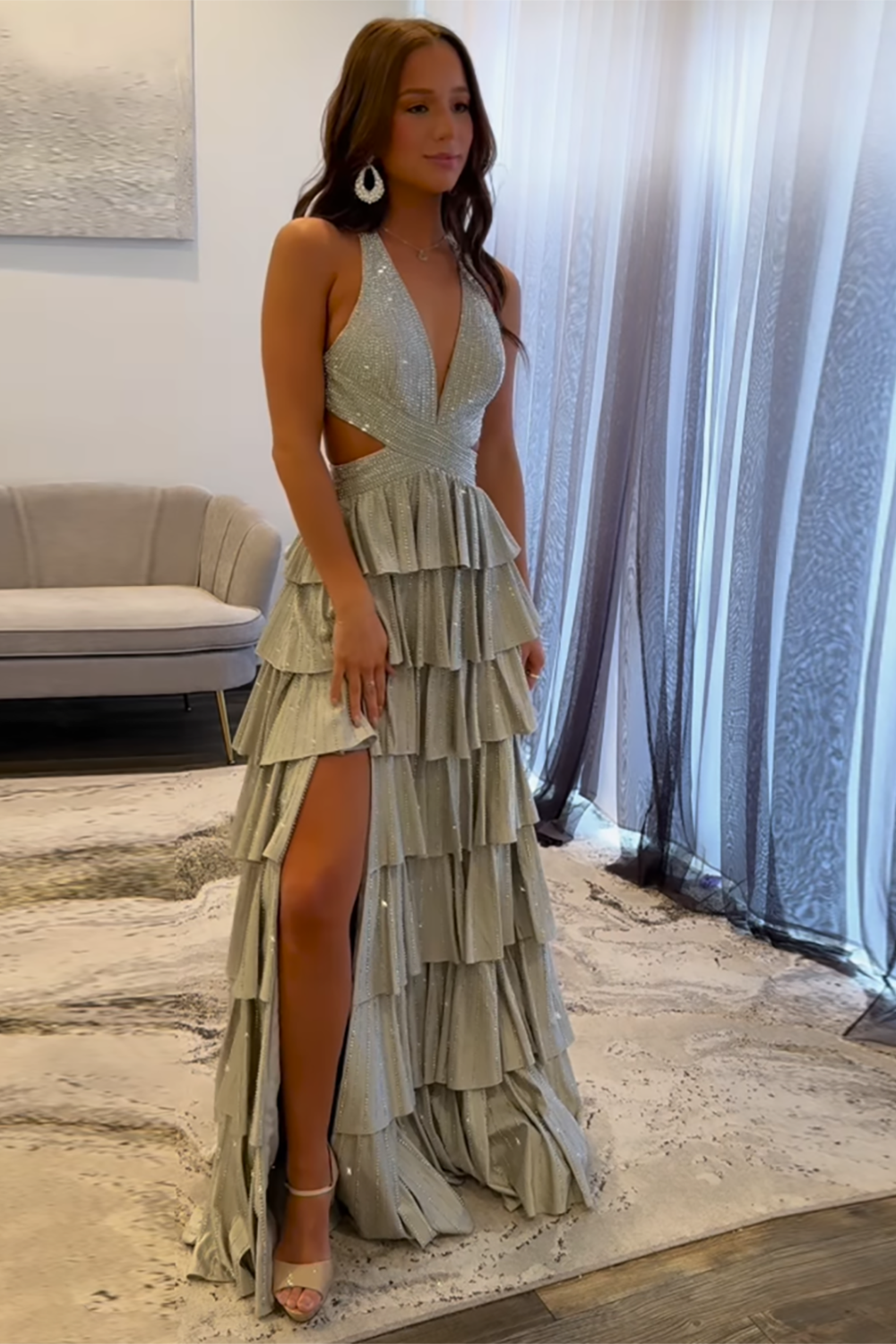 Black Sparkly A Line Beaded Long Corset Prom Dress with Slit