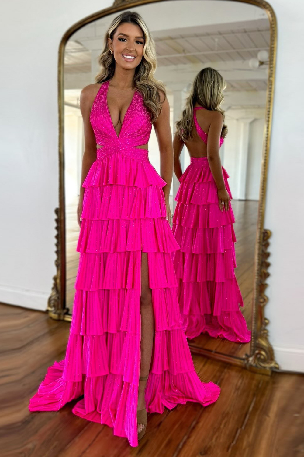 Hellymoon Women Sparkly Fuchsia Halter Neck A Line Prom Dress with Slit Beaded Tiered Long Corset Formal Dress