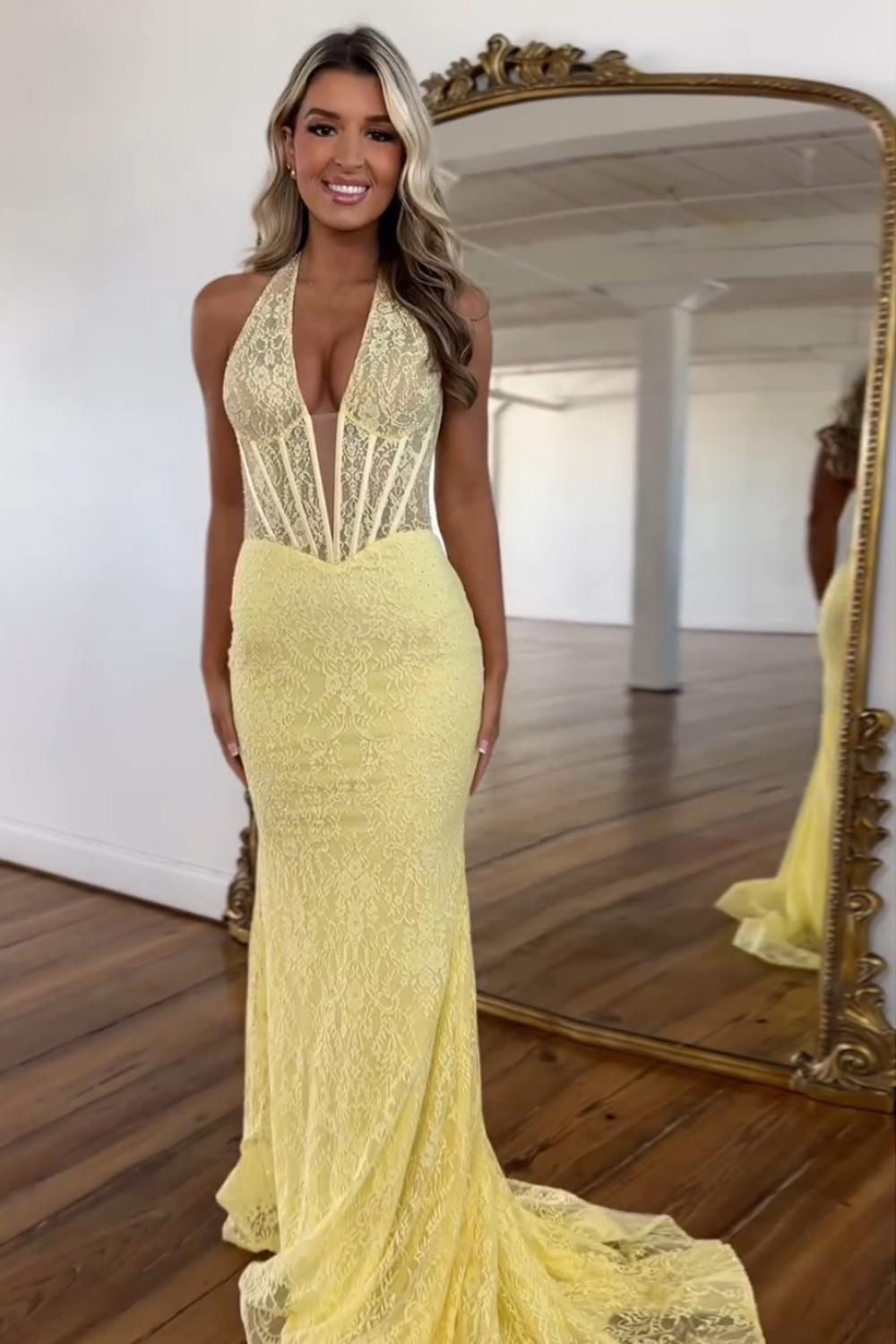 Yellow Halter Neck Lace Mermaid Long Corset Prom Dress 