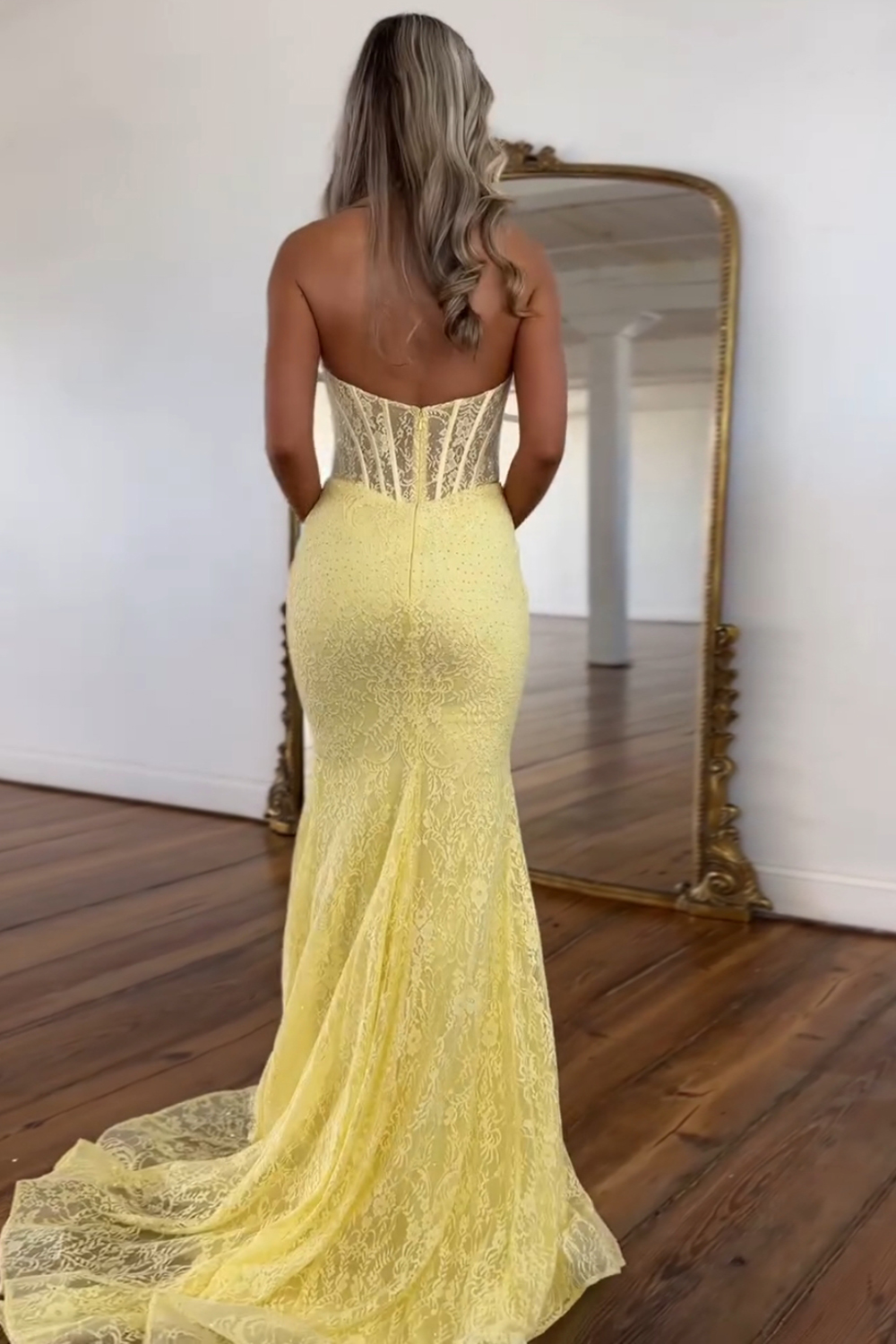 Yellow Halter Neck Lace Mermaid Long Corset Prom Dress 