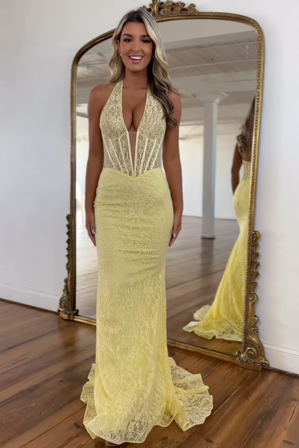 Yellow Halter Neck Lace Mermaid Long Corset Prom Dress 