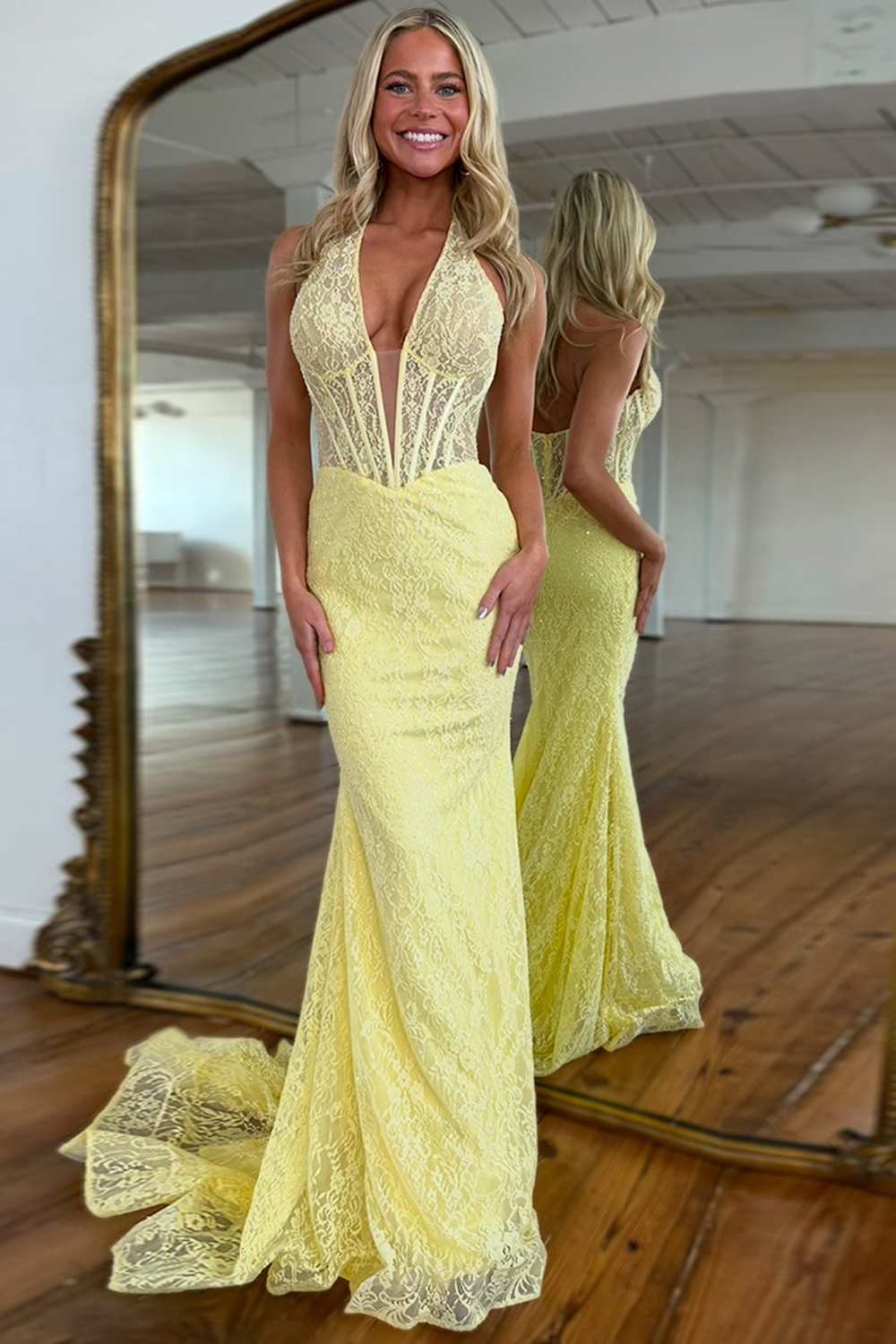 Yellow Halter Lace V-Neck Long Corset Prom Dress 