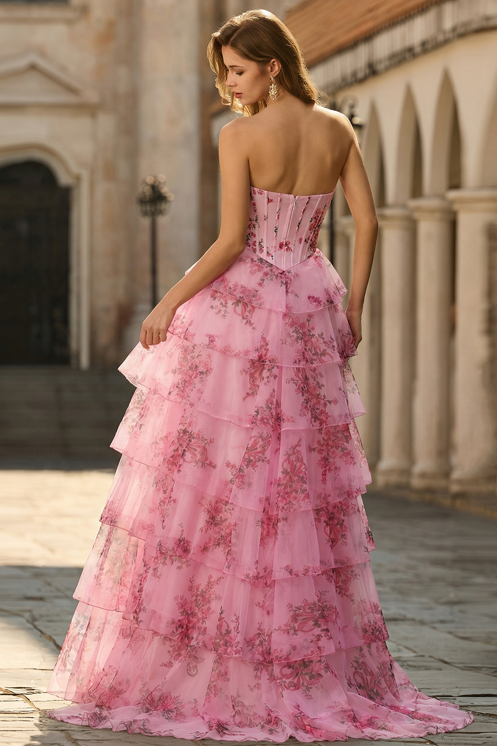 A Line Floral Blush Tiered Chiffon Long Corset Prom Dress with Slit