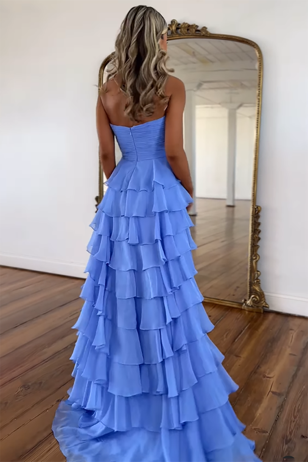 Fuchsia Sweetheart A-Line Chiffon Tiered Long Prom Dress with Slit