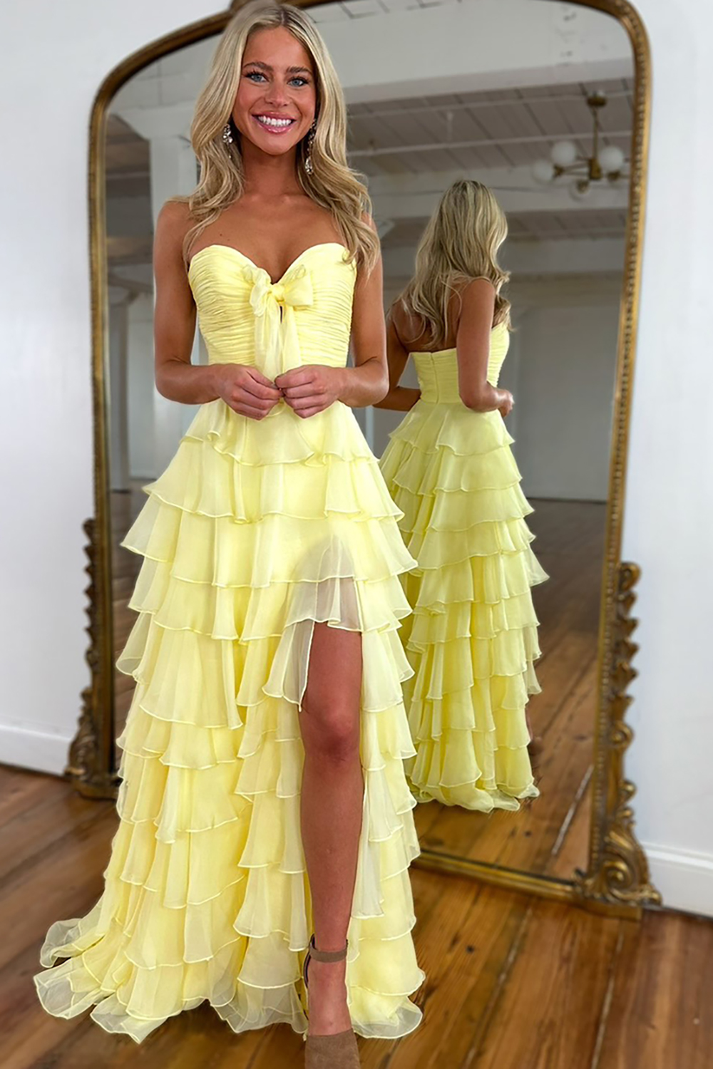 Fuchsia Sweetheart A-Line Chiffon Tiered Long Prom Dress with Slit