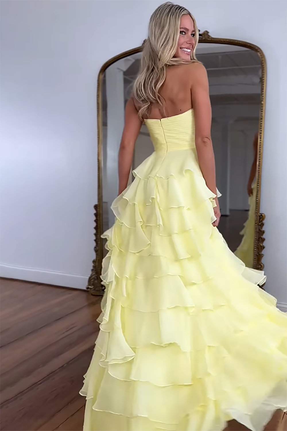 Fuchsia Sweetheart A-Line Chiffon Tiered Long Prom Dress with Slit