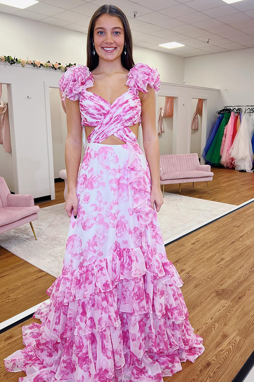 Blue White Flower Printed V-neck A-Line Chiffon Tiered Long Prom Dress with Slit