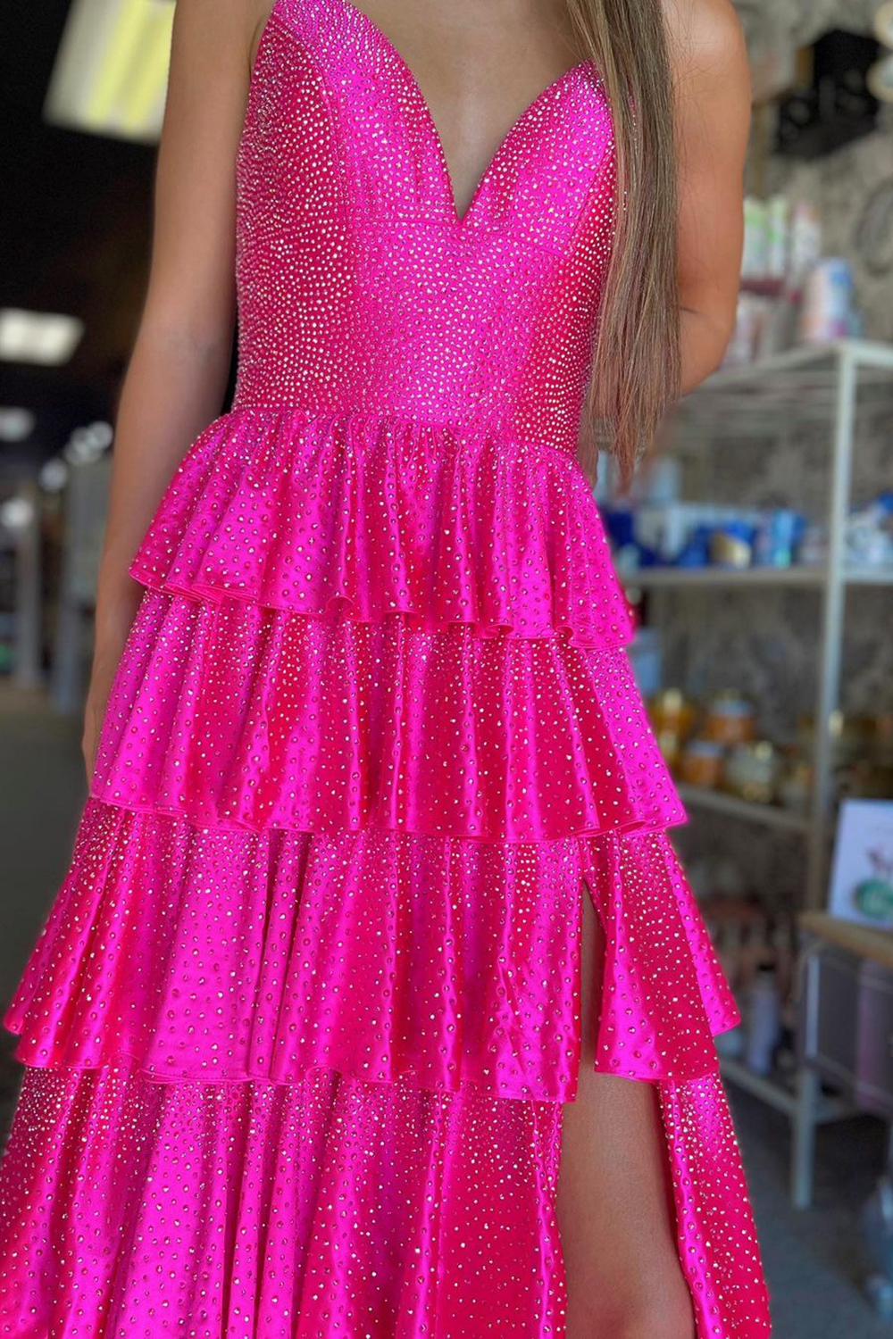 Glitter Fuchsia Spaghetti Straps A-Line Beaded Ruffled Long Prom Dress with Slit