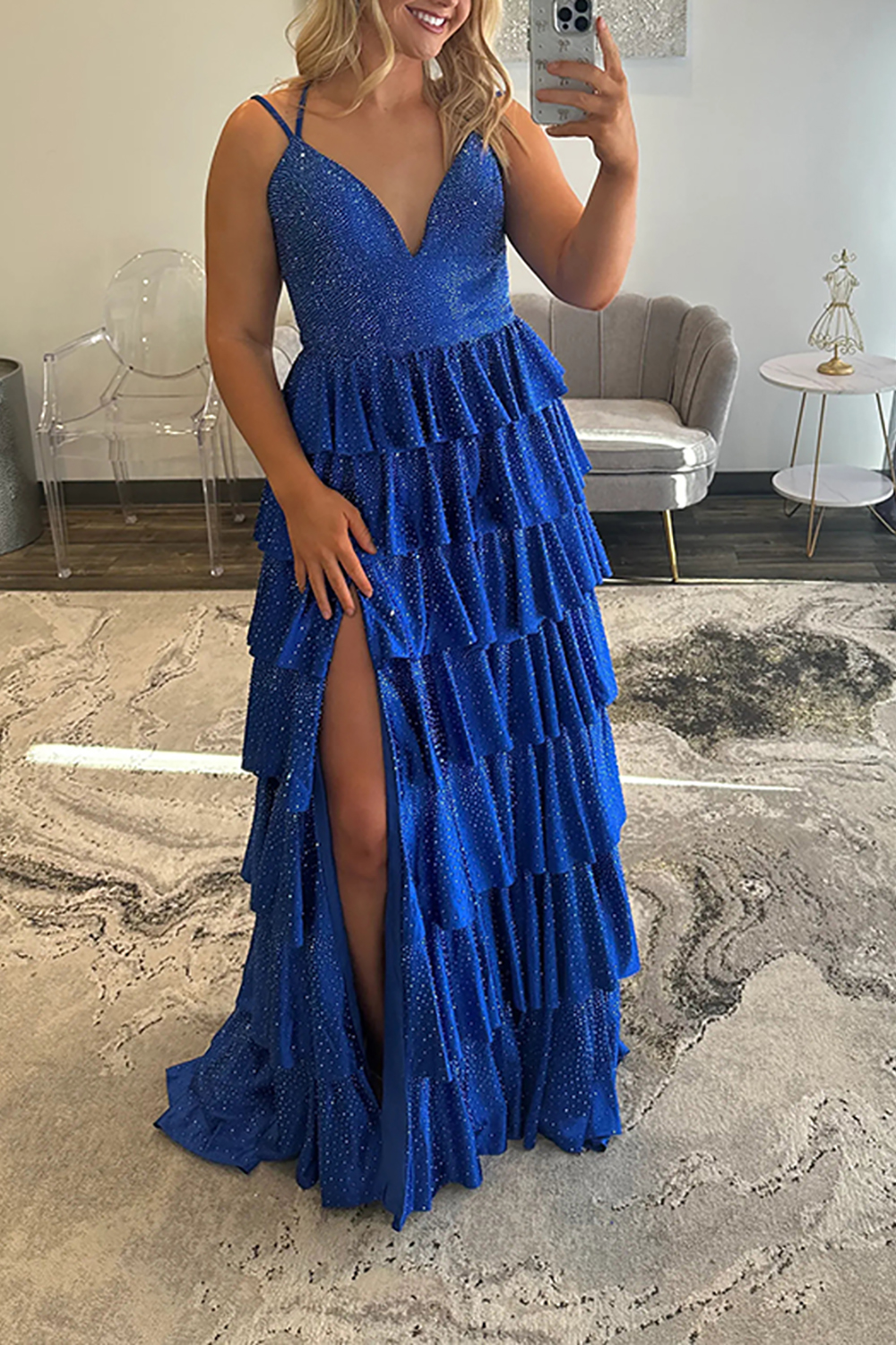 Glitter Fuchsia Spaghetti Straps A-Line Beaded Ruffled Long Prom Dress with Slit