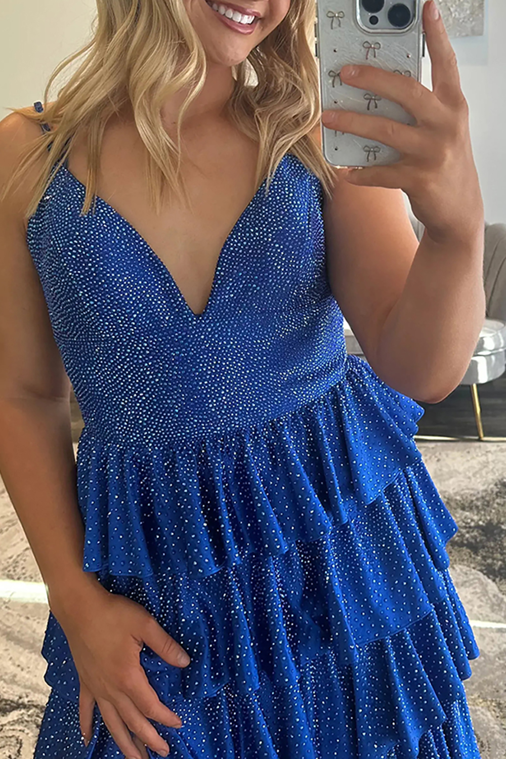 Glitter Fuchsia Spaghetti Straps A-Line Beaded Ruffled Long Prom Dress with Slit