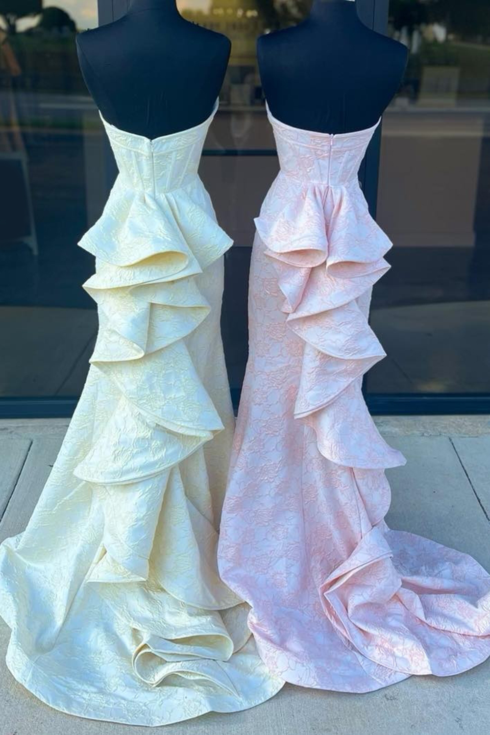 Yellow Sweetheart Floral Meramid Long Corset Prom Dress with Ruffles