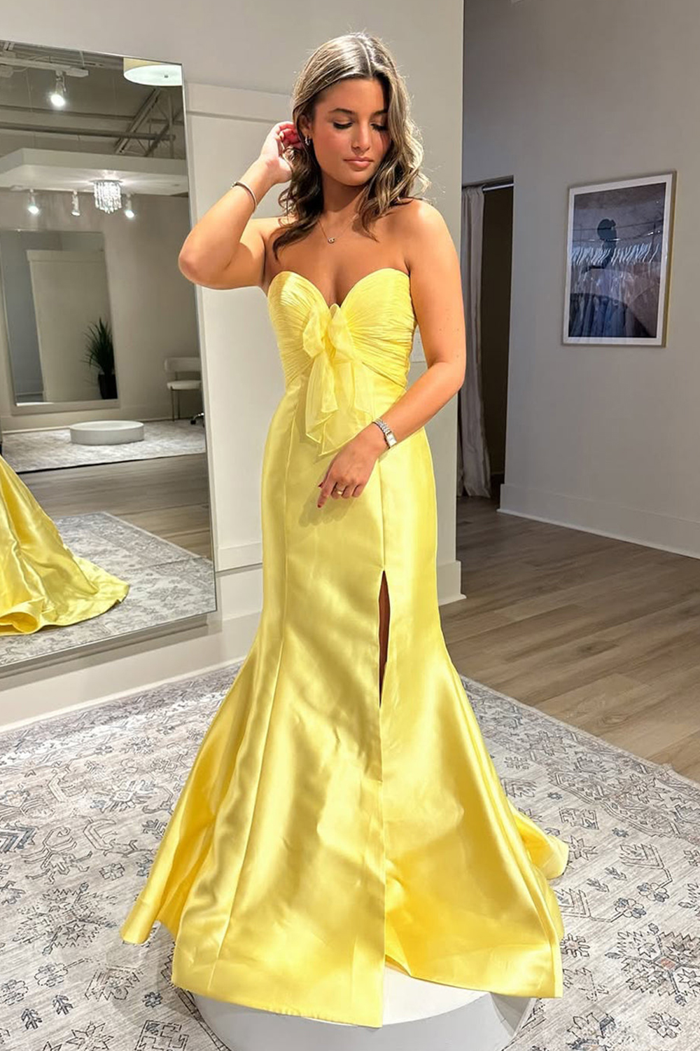 Yellow Sweetheart Satin Mermaid Long Prom Dress with Slit