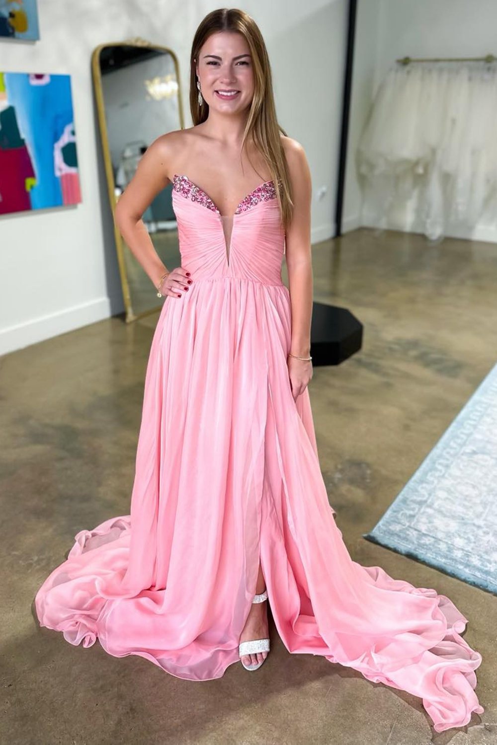 Pink Sweetheart A-Line Chiffon Long Prom Dress with Slit
