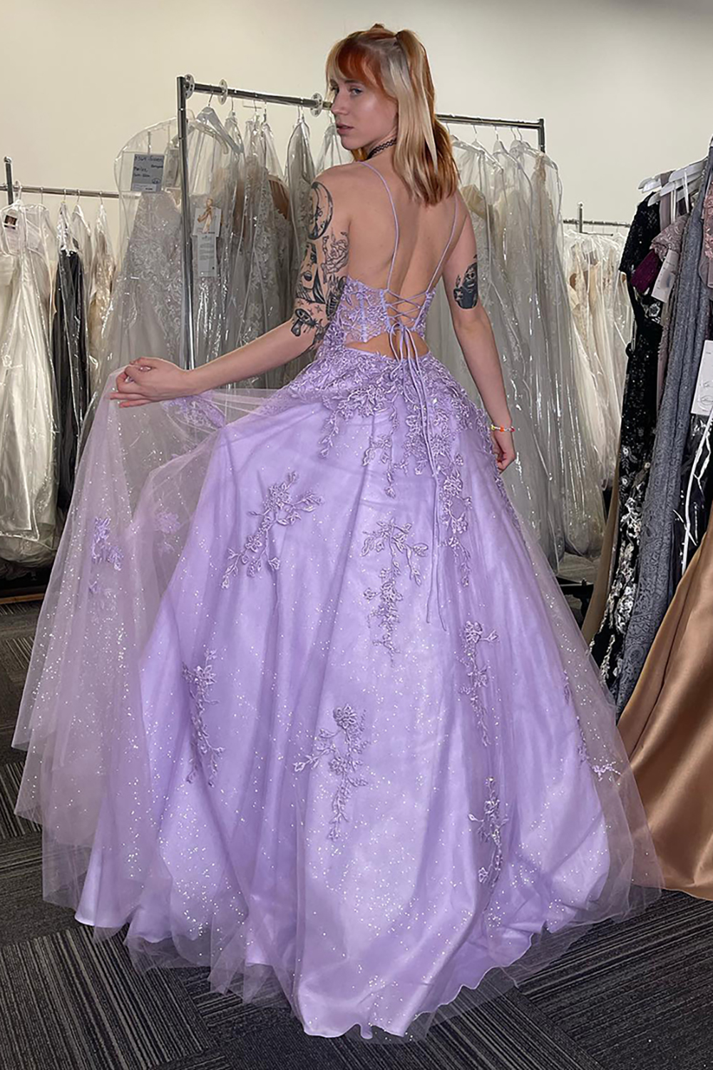 Sparkly Lilac Spaghetti Straps Appliques Long Prom Dress