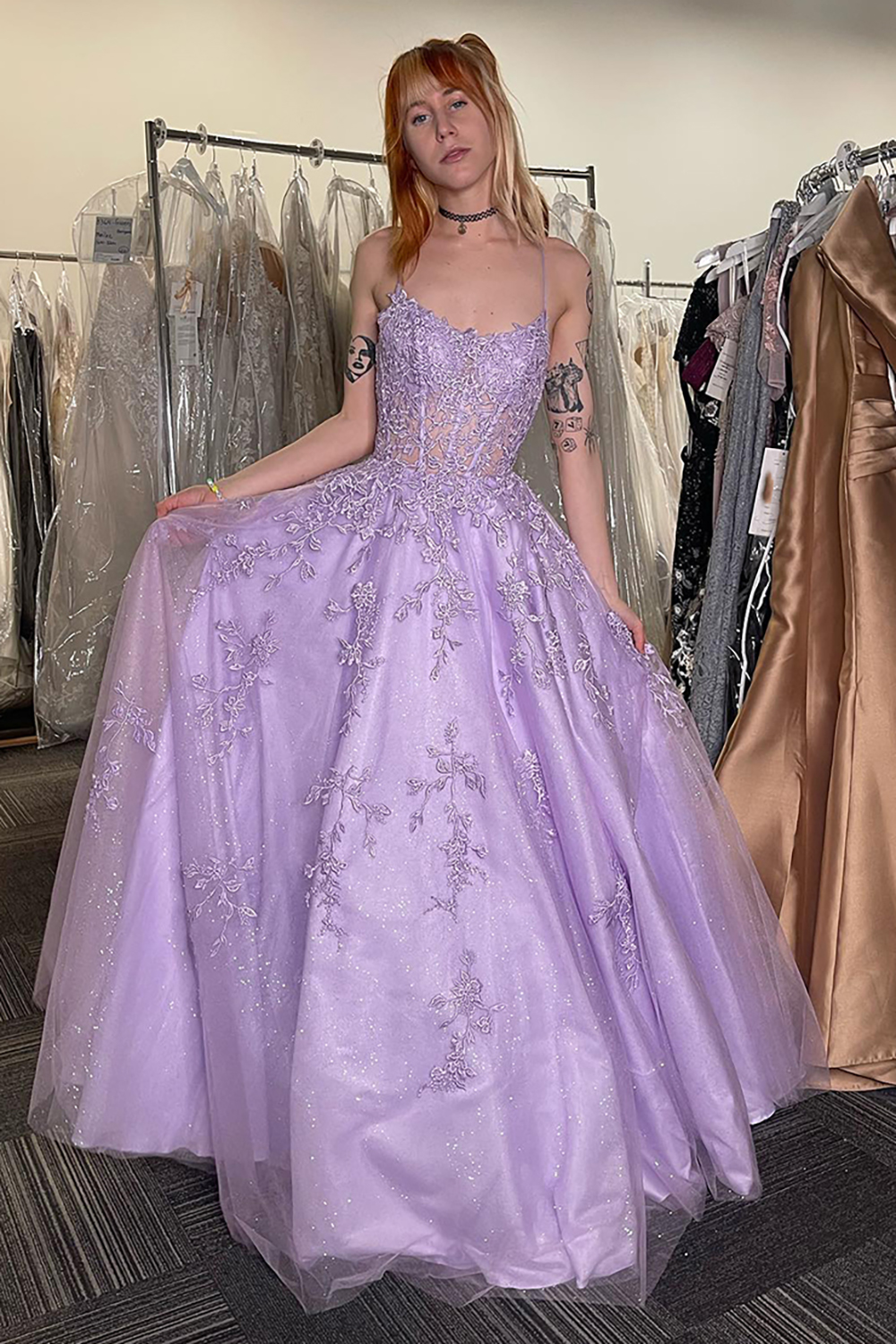 Sparkly Lilac Spaghetti Straps Appliques Long Prom Dress