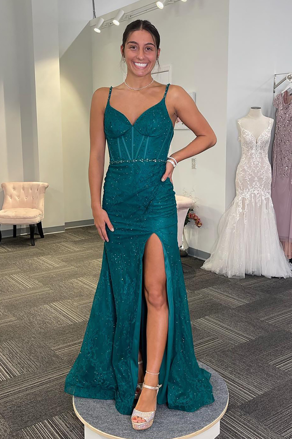 Sparkly Emerald Green Spaghetti Straps Mermaid Long Prom Dress with Slit