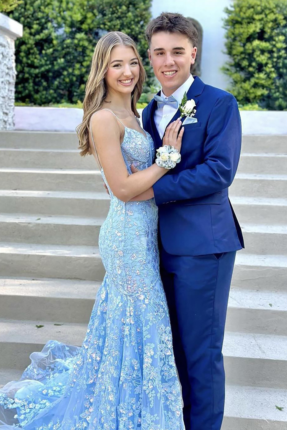 Sequins Blue Tulle Mermaid Applique Spaghetti Straps Long Corset Prom Dress