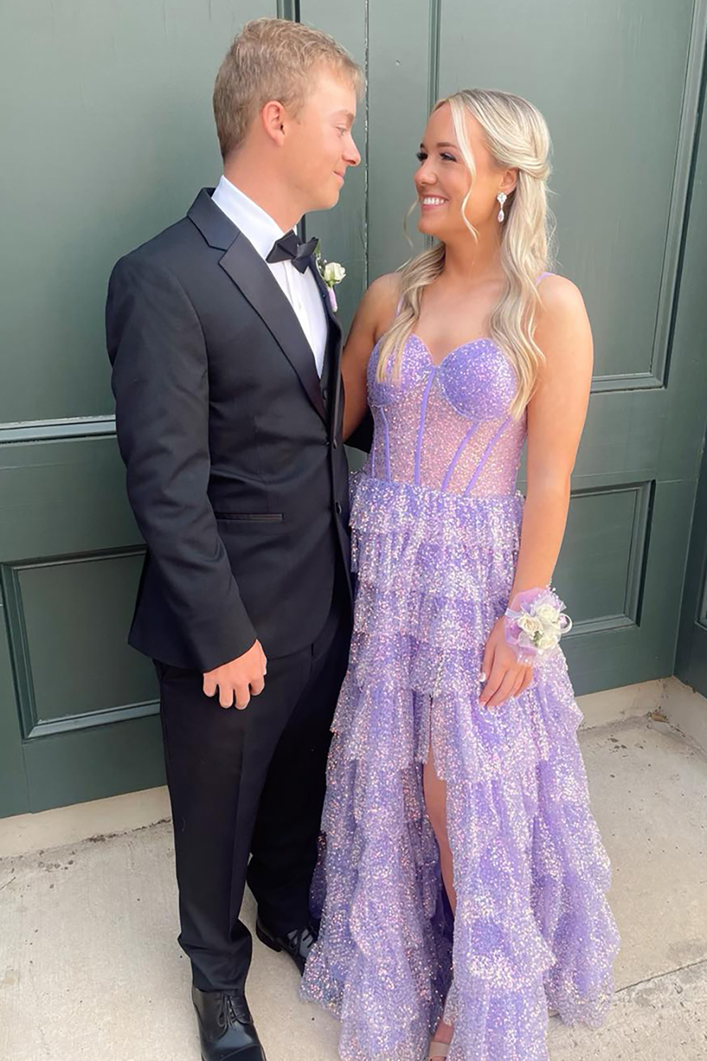 Princess Lilac Sequins Tiered Tulle Spaghetti Straps Long Corset Prom Dress