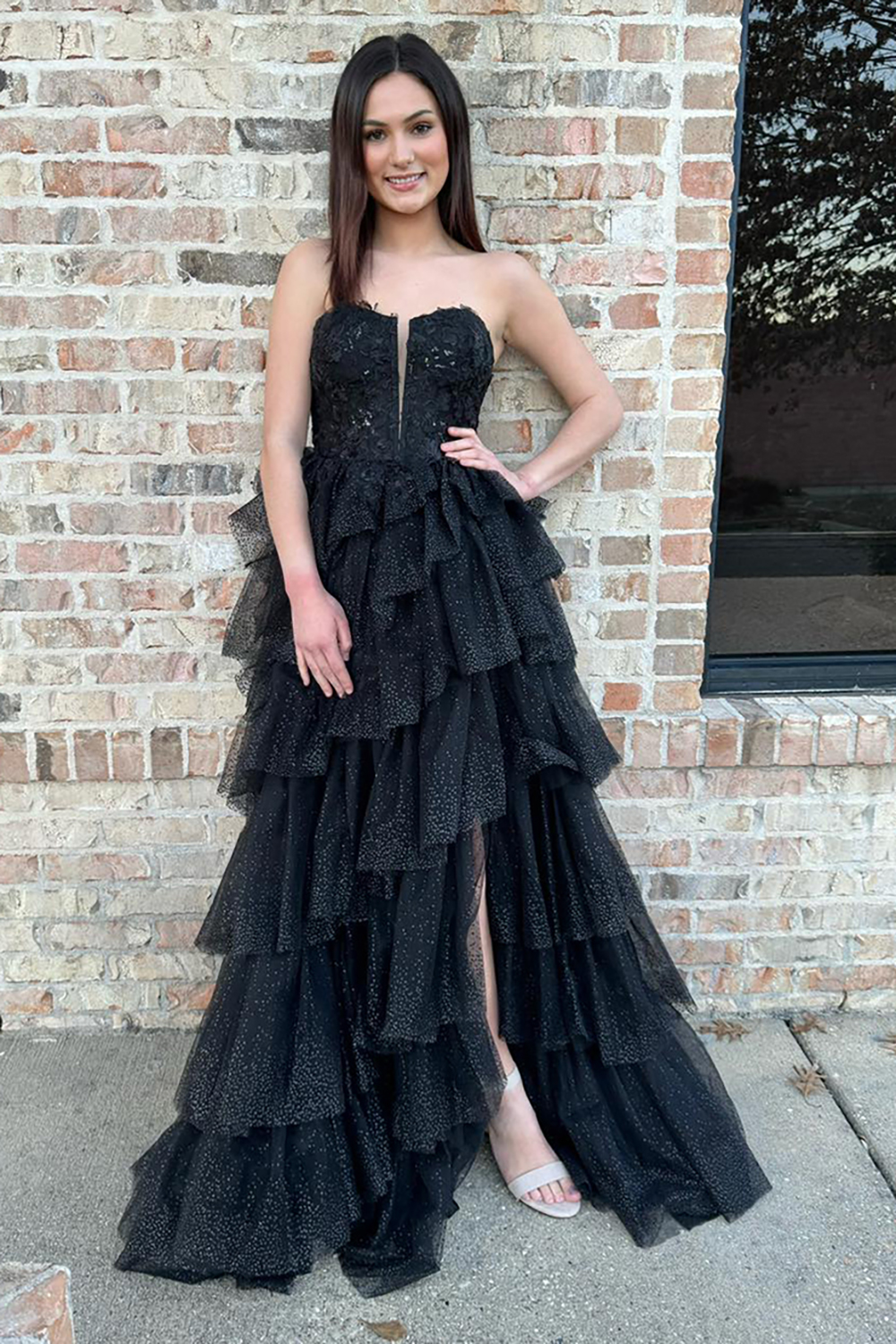 Black Sweetheart Princess Tulle Appliques Sequins Tiered Long Prom Dress