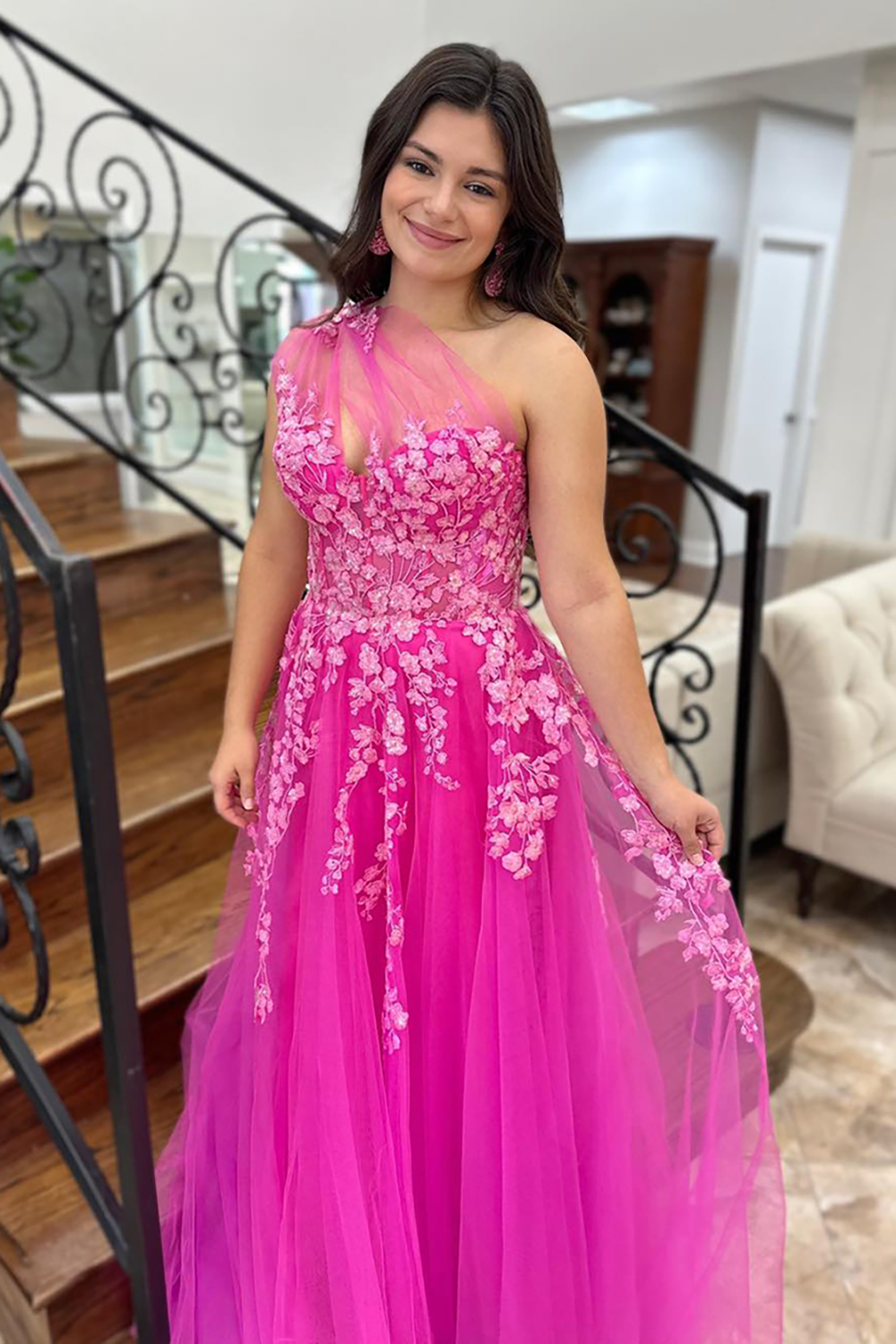 Fuchsia One Shoulder Tulle Appliques A Line Long Prom Dress