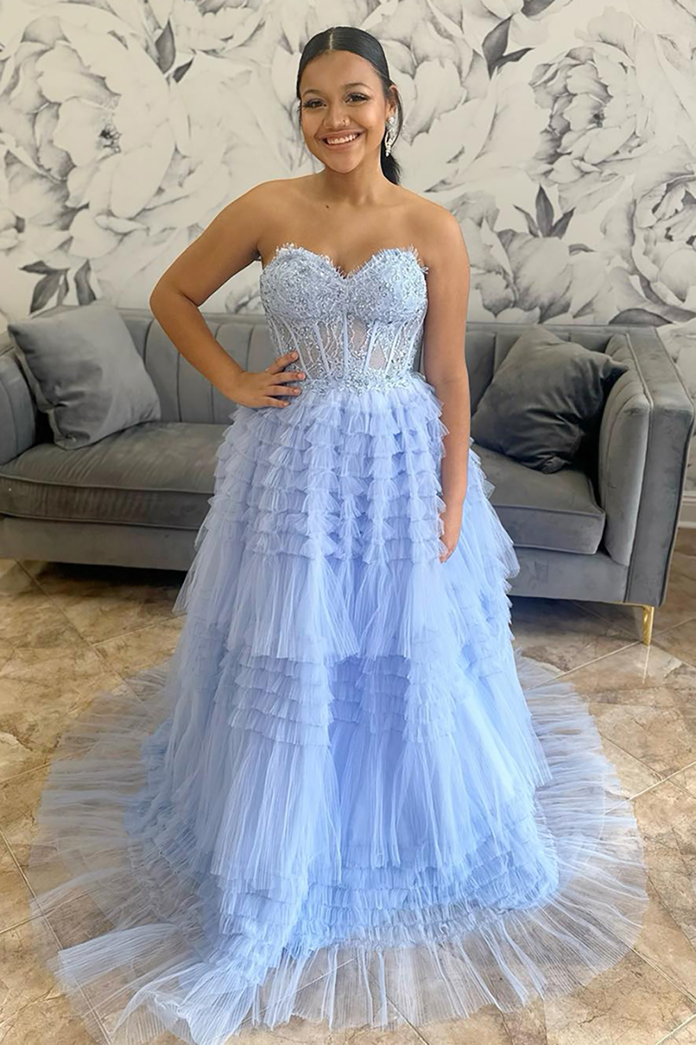 Princess Light Blue Sweetheart Tulle Appliques Tiered Long Corset Prom Dress