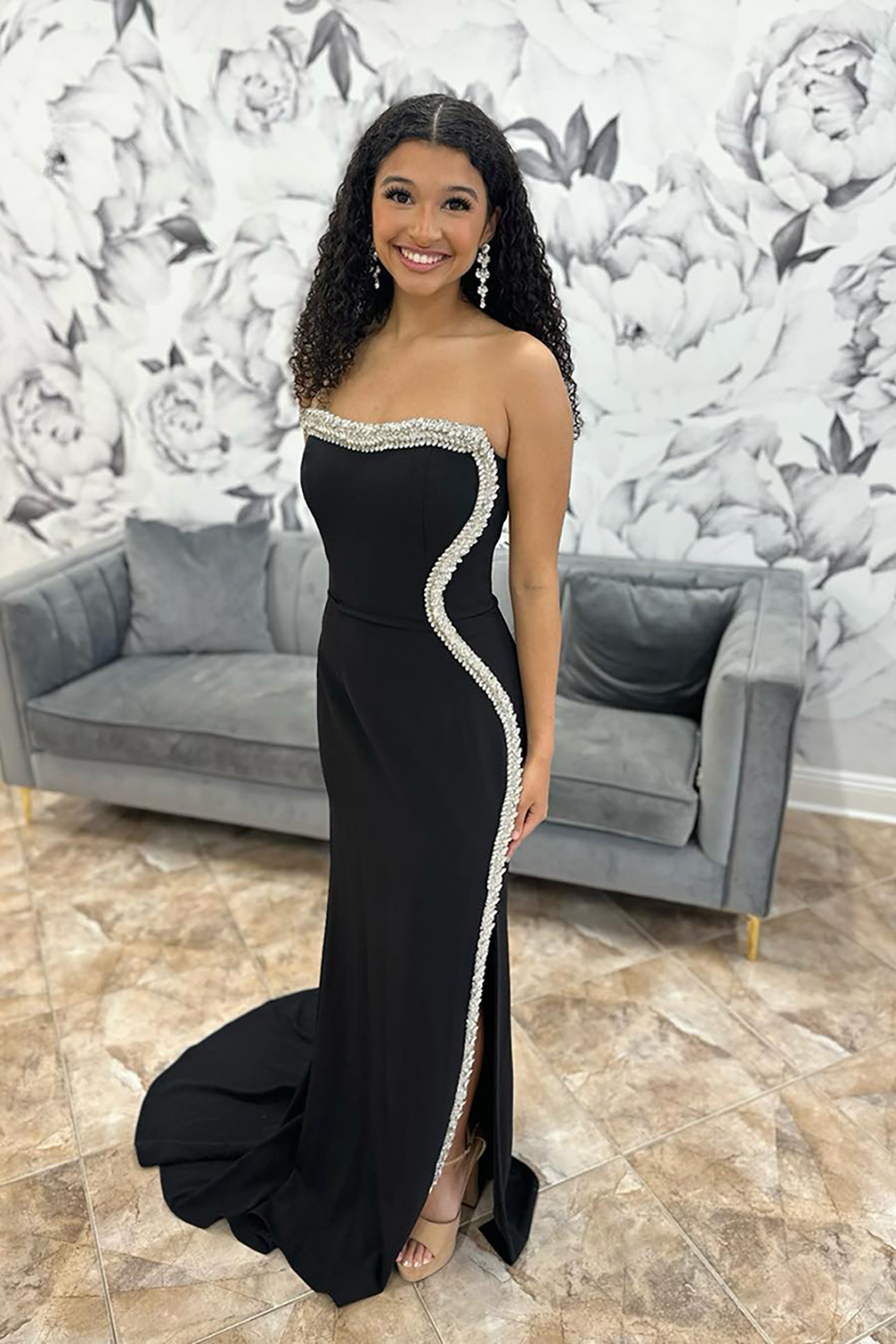 Black Mermaid Strapless Beaded Long Prom Dress with Slit