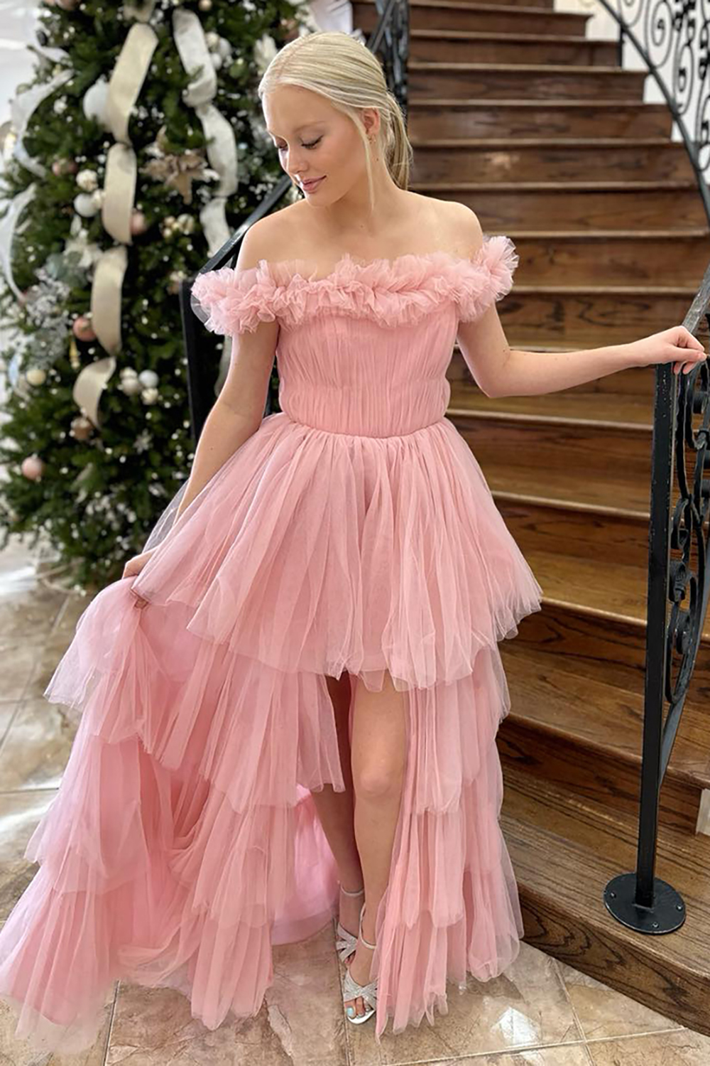 Princess Pink Tulle Off The Shoulder Tiered Long Prom Dress with Slit