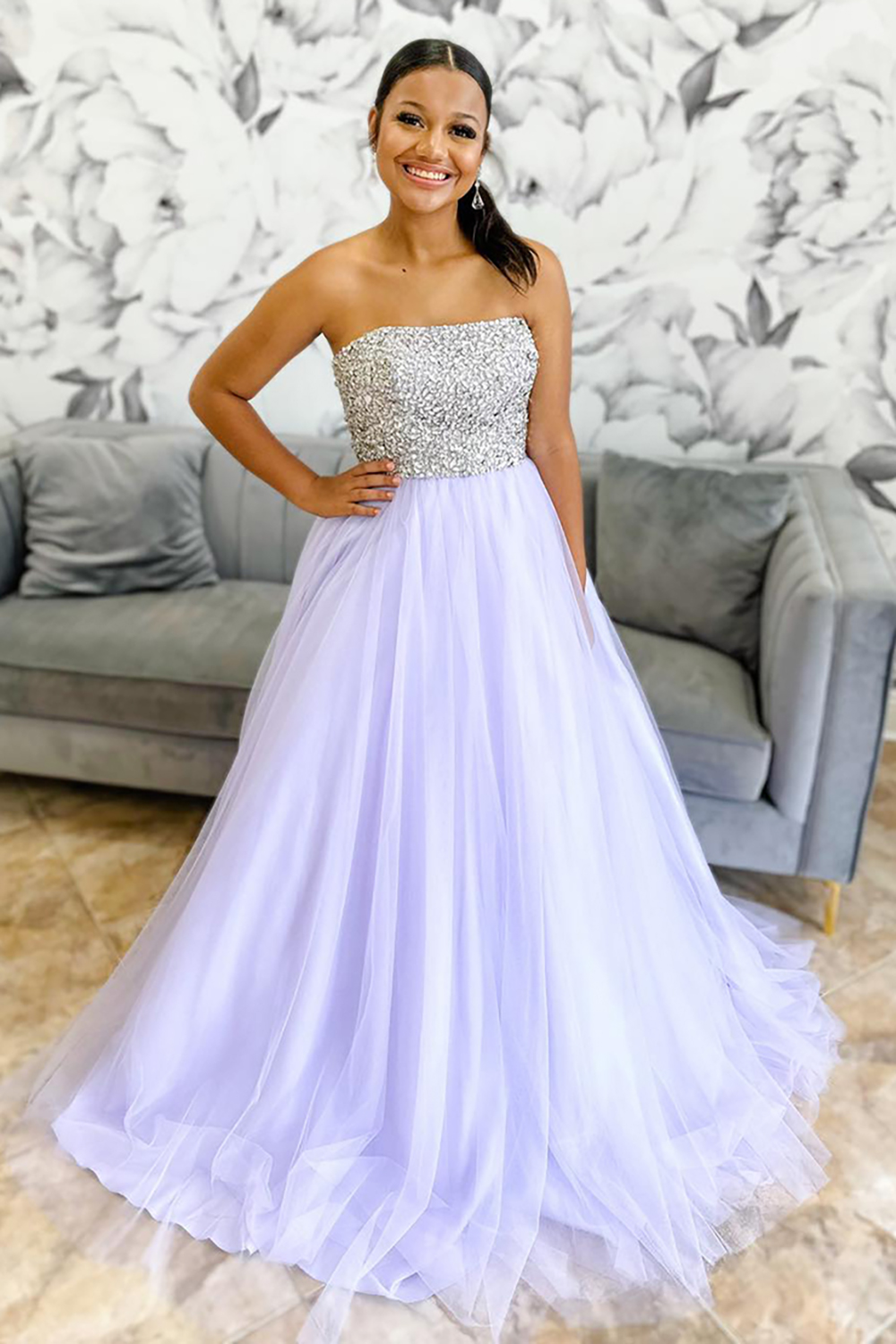 Lilac Strapless Princess Tulle Long Prom Dress with Beading