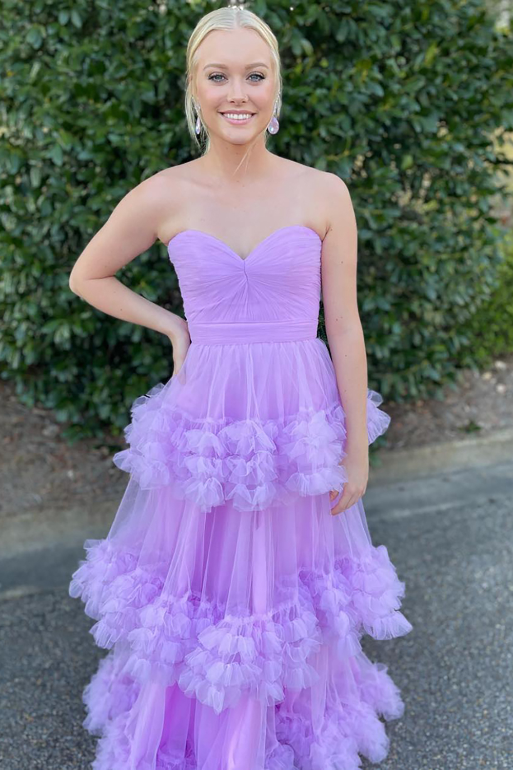 Lavender Sweetheart Princess Tulle Tiered Long Prom Dress