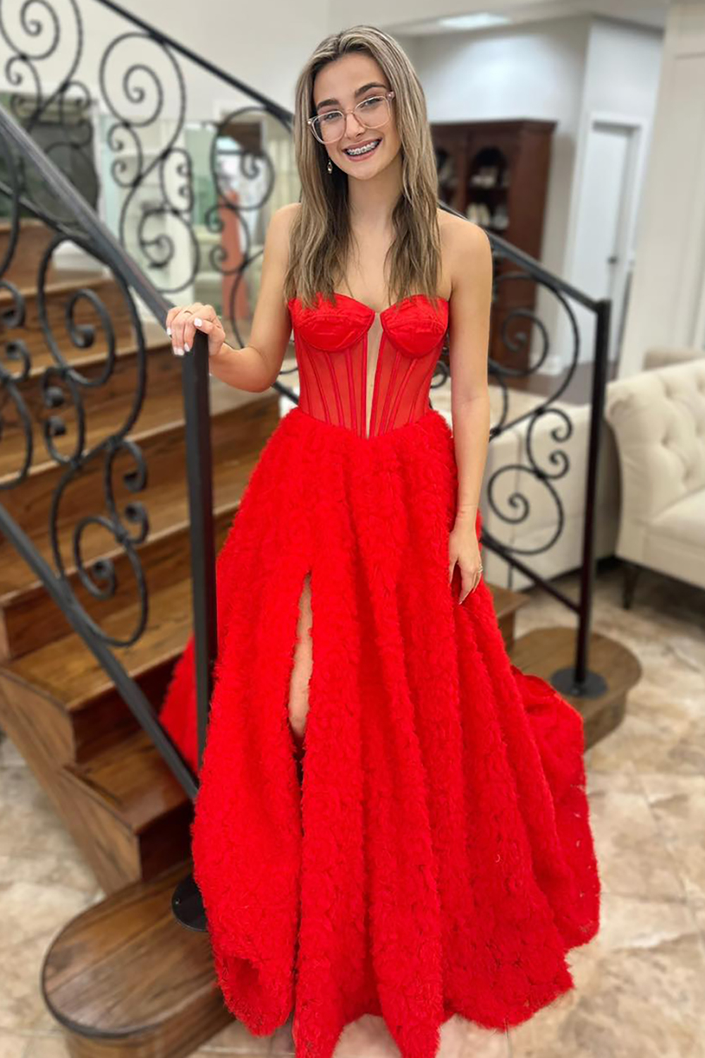 Princess Red Sweetheart Tulle Tiered Long Corset Prom Dress with Slit