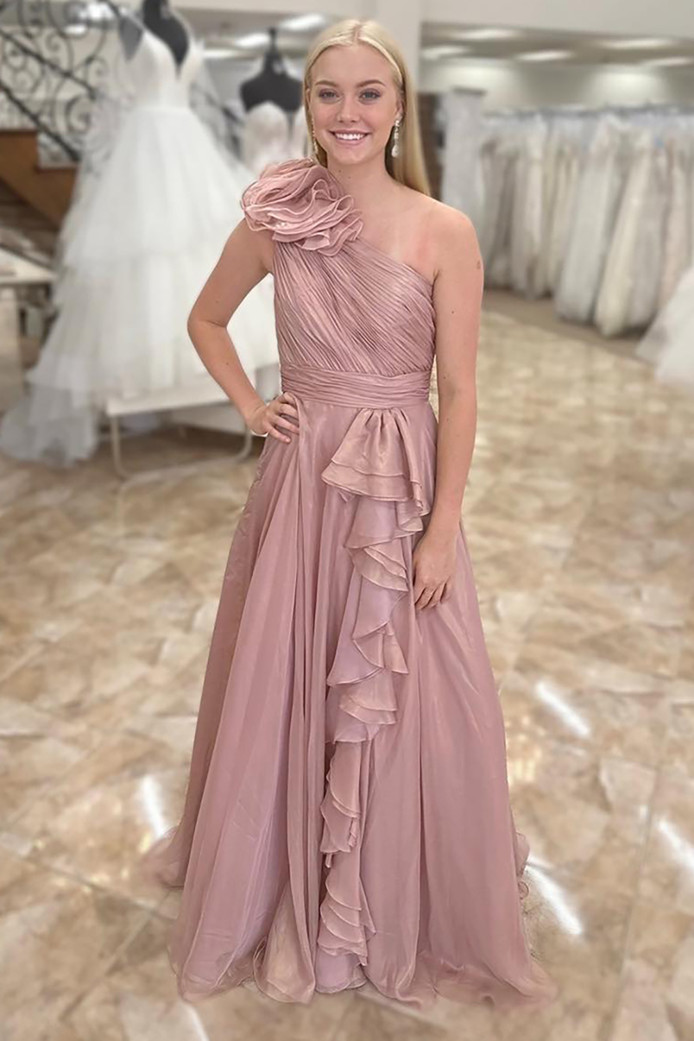 Blush One Shoulder A Line Long Prom Dress with Ruffles