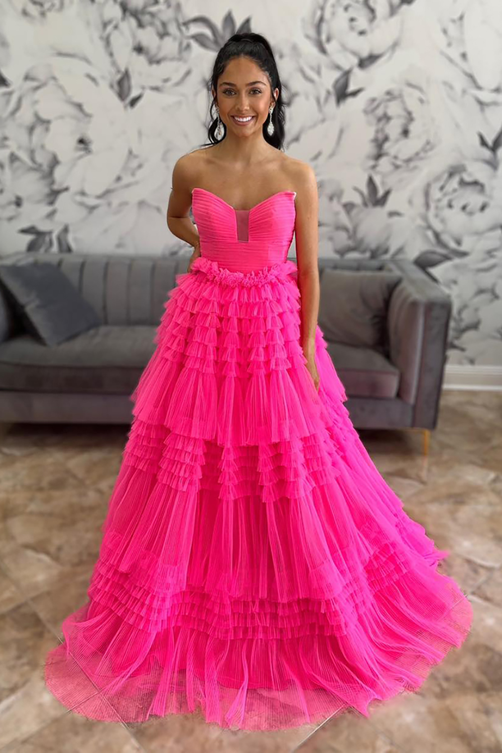 Fuchsia Sweetheart Princess Tulle Tiered Long Prom Dress